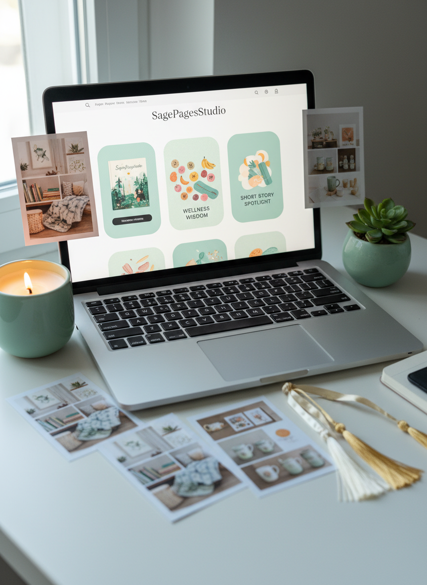 A charming desktop scene featuring an open laptop with a bright, minimalist blog homepage titled “SagePagesStudio” on the screen, showcasing oversized thumbnail images of book covers, wellness tips, and short story spotlights in rounded rectangular frames. Around the laptop, there are scattered printed Pinterest mood-board cards, each with tiny, colorful collages of reading corners, illustration snippets, and product shots from an Etsy store. A plump, mint ceramic candle, a tiny round succulent pot, and a bundle of silky bookmarks with tassels complete the tableau. Cool daylight from a nearby window bathes everything in crisp, even light, adding soft reflections on the laptop keys. Photographic realism in an eye-level composition with gentle depth of field creates a fresh, energetic, and whimsical feel, ideal for an “about the blog” page.