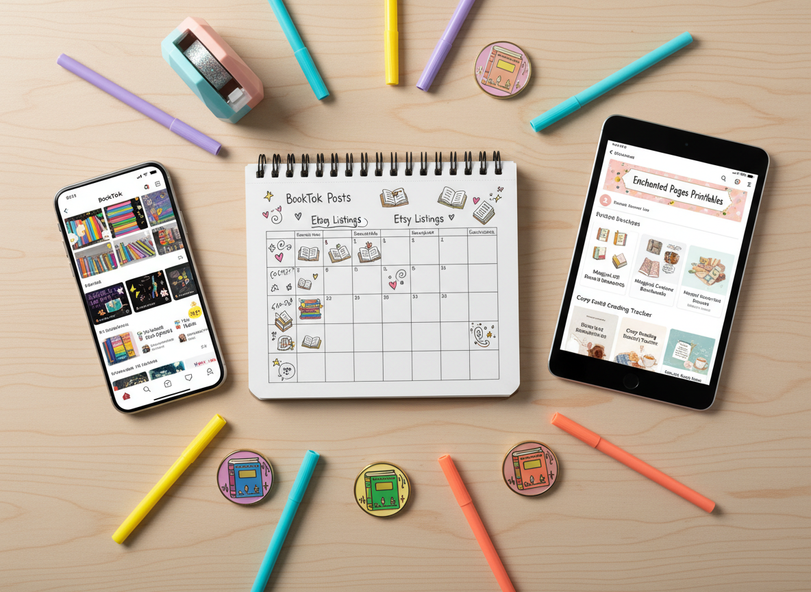 A whimsical flat lay of a creative desk where book content and online shops collide: a spiral notebook with rounded edges displays a hand-drawn content calendar with doodles of books, hearts, and sparkles. Nearby, a smartphone shows a colorful BookTok feed with vibrant book stacks and animated stickers, while a tablet displays an Etsy shop featuring printable bookmarks and reading trackers. Around them, scattered enamel pins shaped like tiny books, a pastel tape dispenser, and bright gel pens form a loose circular composition. Overhead, soft studio lighting creates even illumination with delicate, curved shadows that echo the rounded objects. Photographic, energetic, and modern, shot from a clean bird’s-eye view, this image captures the playful hustle of a multi-platform book creator.