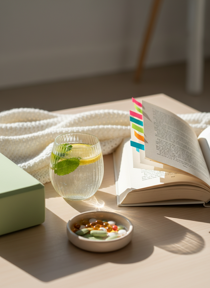 A playful still life of wellness-meets-reading essentials: a rounded glass of infused water with floating citrus slices and mint leaves sits beside a softly folded, cloud-white blanket that curves around a paperback book lying open, spine unbroken. Colorful sticky tabs peek from the book’s edges like confetti, marking favorite quotes. Nearby, a smooth, pastel yoga block and a small, circular dish of vitamins and herbal supplements introduce gentle wellness cues. Late afternoon sunlight streams in from the right, casting warm, curved shadows and making the water glow with tiny highlights. Photographic, bright, and serene, captured from a slightly elevated angle with shallow depth of field, the image radiates calm, playful self-care vibes for blog posts about reading routines and wellness habits.