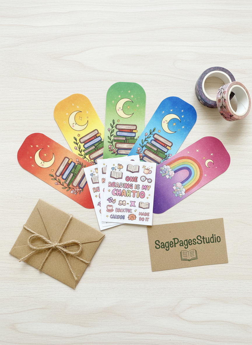 A vibrant flat lay of handmade bookish products inspired by an Etsy store: rounded-edge bookmarks printed on thick, matte cardstock in rainbow gradients, each with whimsical illustrations of stacked books, moons, and leafy vines, are fanned out in a semicircle. In the center, a small stack of square, glossy sticker sheets features playful BookTok phrases and bubbly icons. Around the edges, there are coiled washi tapes, a tiny kraft envelope tied with twine, and a business card reading “SagePagesStudio” in curvy, friendly lettering. Even, soft studio lighting from above highlights textures and color saturation while minimizing harsh shadows. Photographic realism with a crisp, overhead composition and energetic layout conveys a joyful, crafty aesthetic perfect for shop or freebies pages.