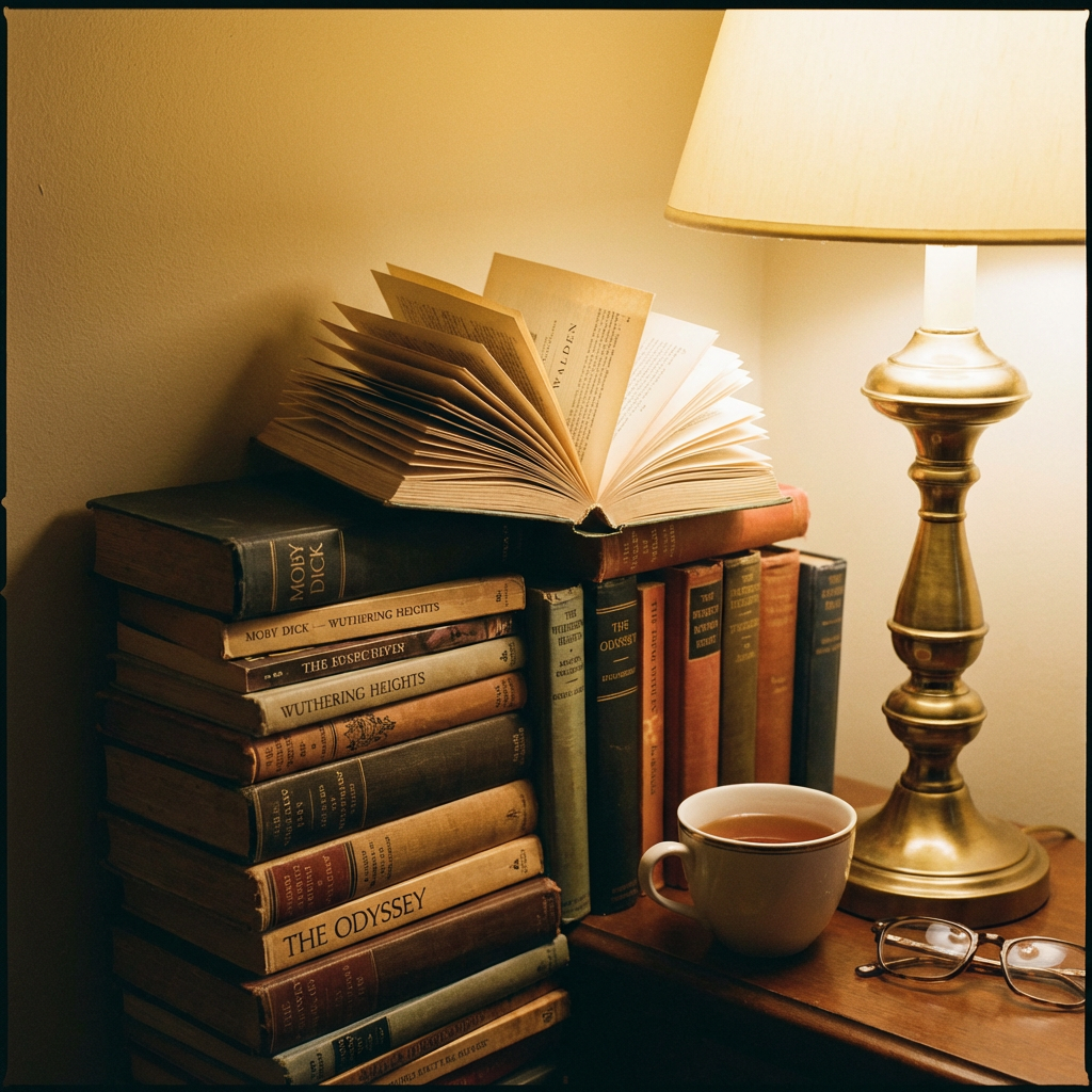 Open book Walden on stack with Moby Dick, Wuthering Heights, and The Odyssey beside a lamp.